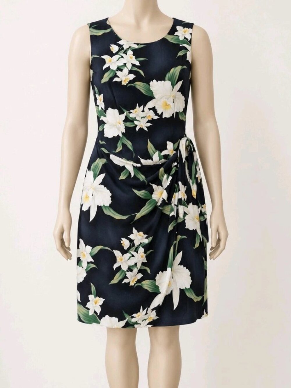 Iolani Hawaii Women L Black White Orchid Floral Wrap Tie sheath Dress 100% Rayon